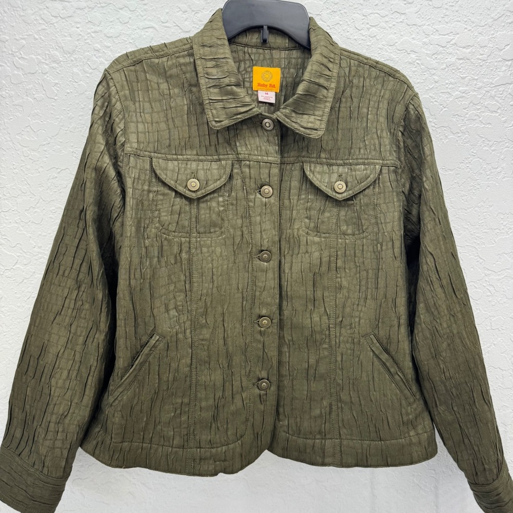 Ruby Rd Women's 14 Olive Green Crinkle Textured Button Front Jacket Blouse Top‎